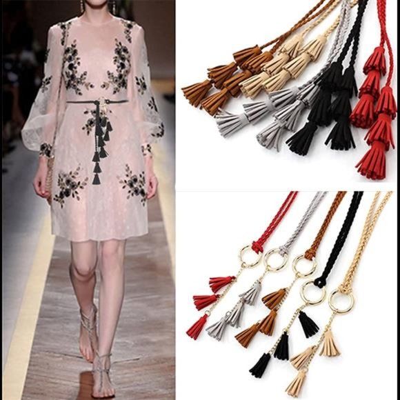 Women Girls PU Leather Waist Belt Chain Skinny Rope with Double Tassel for Dress main image 4